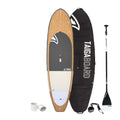 Paddleboard with wooden finish, black cover, paddle, and accessories on a white background