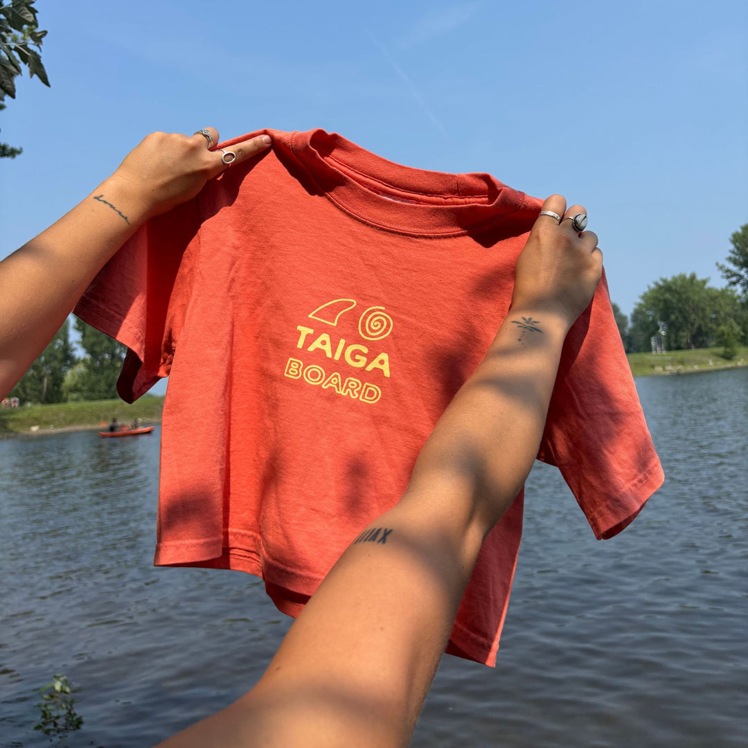 Front View of the Crop Top Boxy Swirl by the lake