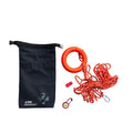 Red safety ring with rope and black bag on a white background