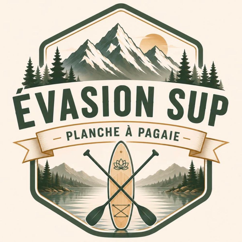 A stylized illustrated badge or logo with the French text “ÉVASION SUP” and “PLANCHE À PAGAIE” over a mountain-and-lake scene, with a paddleboard and crossed paddles in the center.
