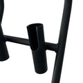 Close-up of a black metal frame component with a cylindrical mounting bracket and vertical support bars on a white background.