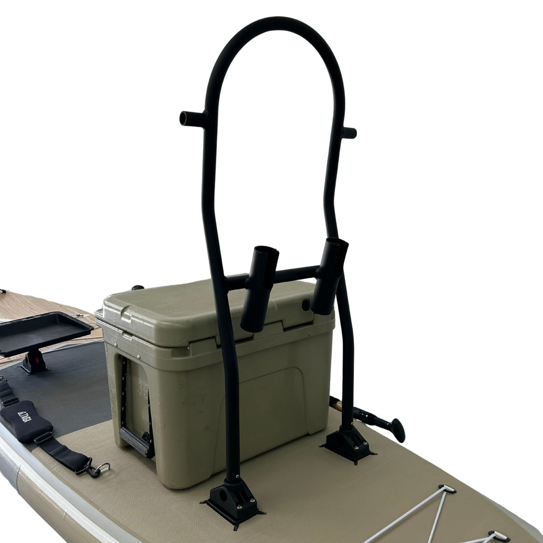 A black metal fishing rod holder on an inflatable paddle board