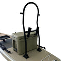 A black metal fishing rod holder on an inflatable paddle board
