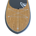 Wooden paddleboard deck with black cap and white logo on a white background