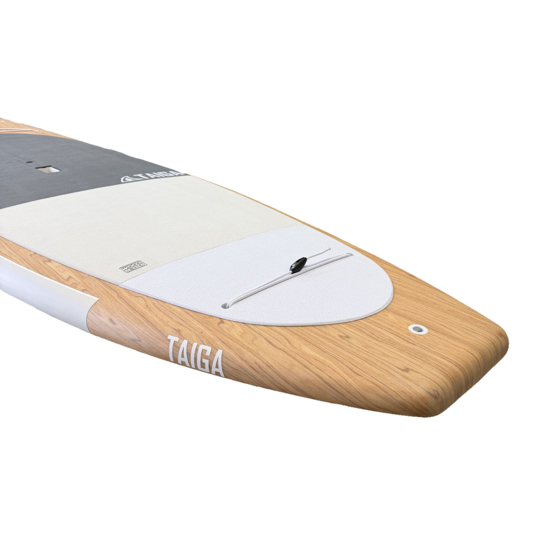 Tail of Wooden paddleboard with white logo on a white background