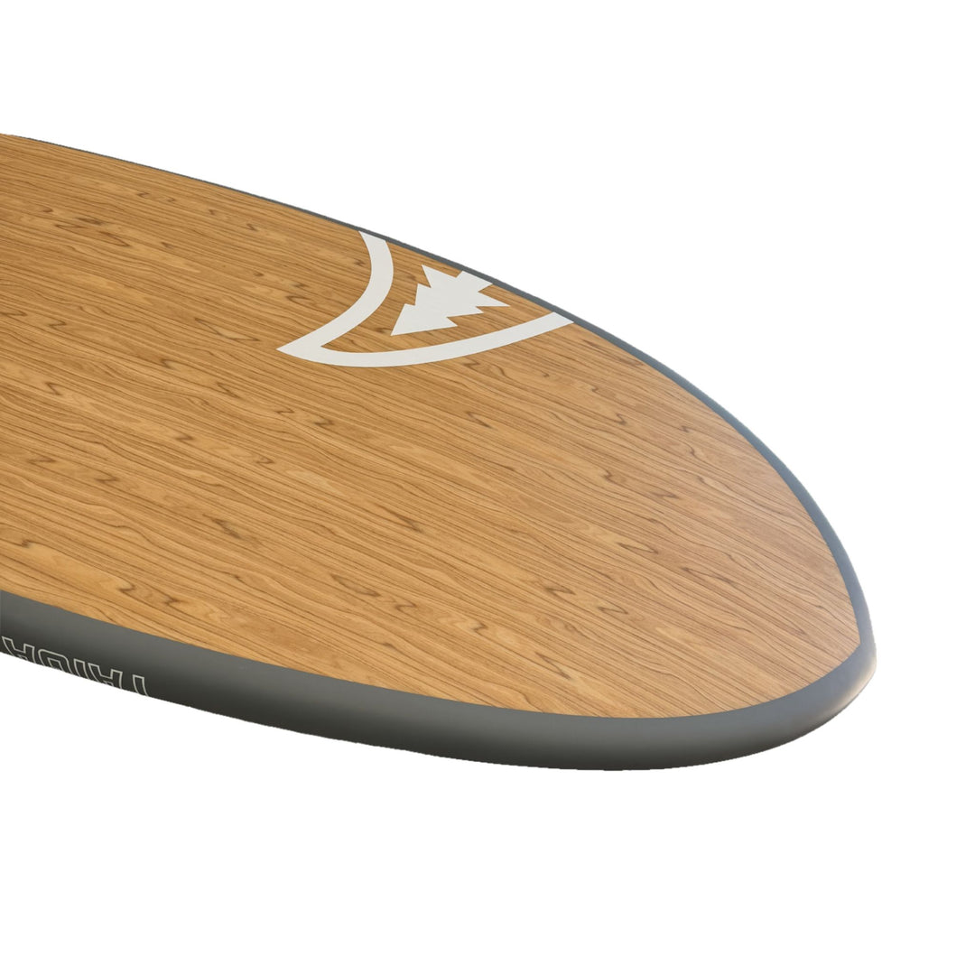Nose Wooden paddleboard with white logo on a white background