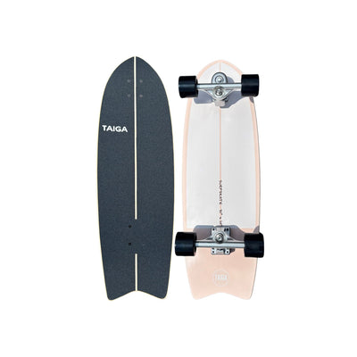 A Taiga surfskate shown from both the top and bottom views against a solid white background.